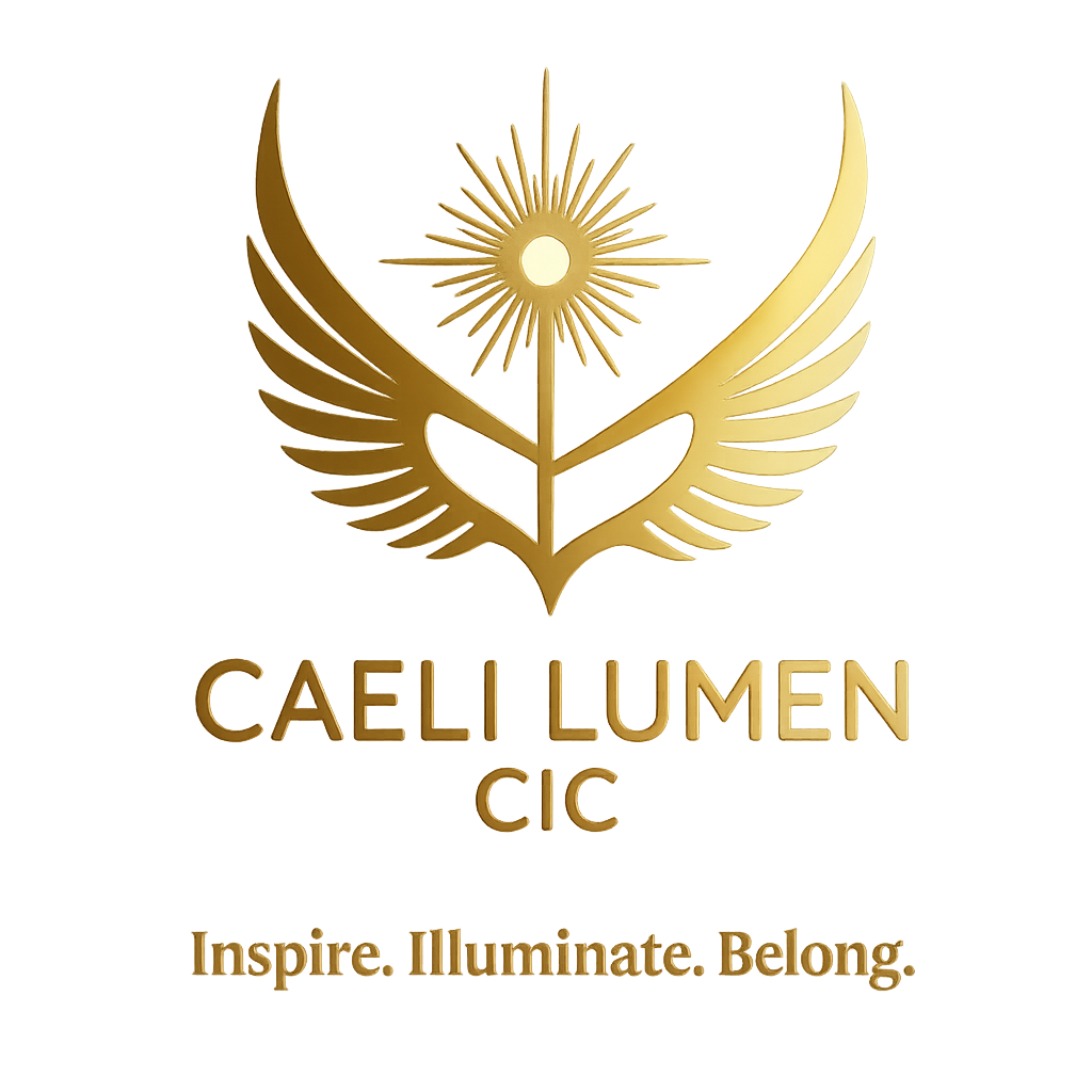 The Caeli Lumen CIC logo features a gold emblem with stylized wings curving upward around a radiant sunburst. The wings are composed of layered feathers in gradient gold, while the sun at the center has 16 rays extending outward from a glowing core. Beneath the emblem, the organization's name "Caeli Lumen" and its tagline appear in sleek, metallic gold text, all set against a transparent background
